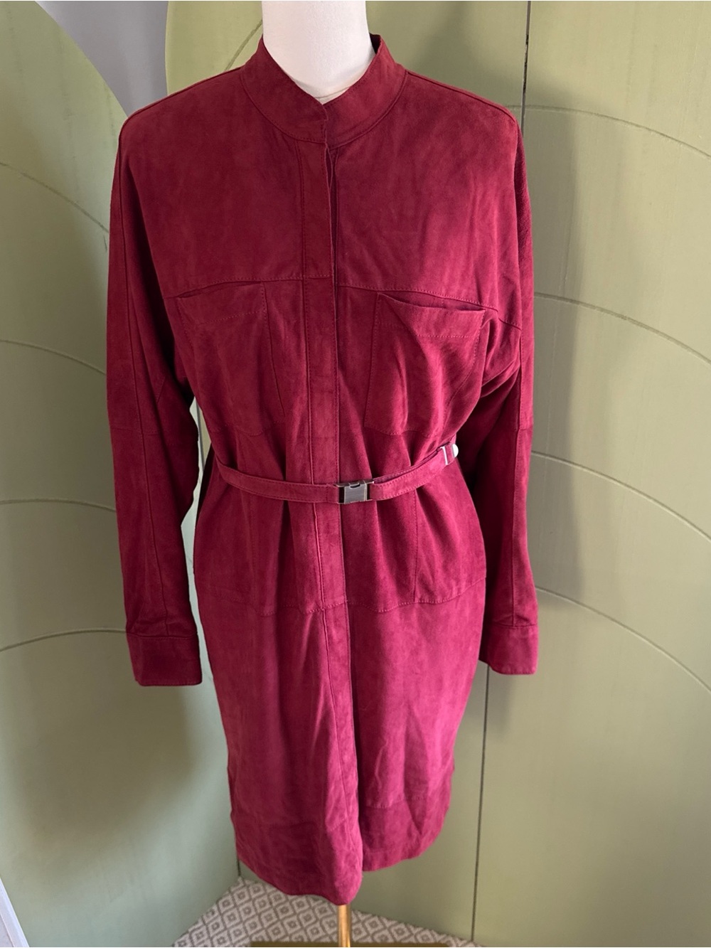Worth Burgundy Suede Belted Shirt Dress